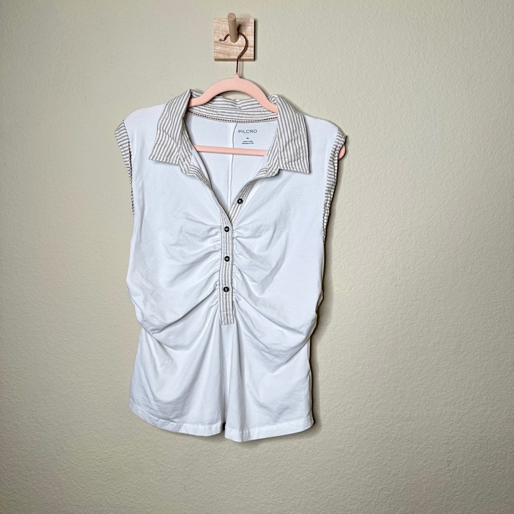 Pilcro Anthropologie White Sleeveless Ruched Front Top Striped Collar XL Coastal